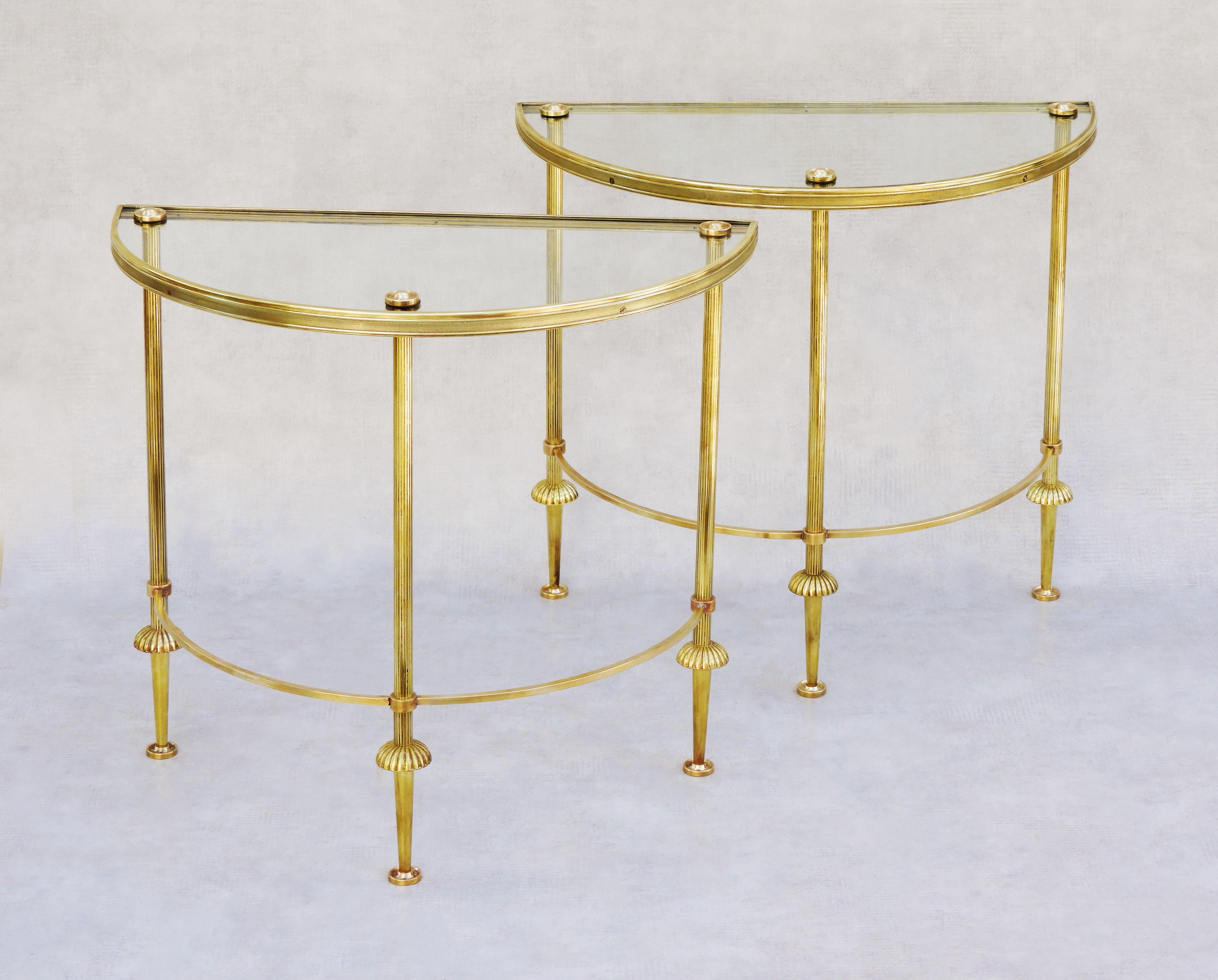 Pair Mid-Century Neoclassical Brass & Glass Demi-Lune Side/EndTables/Nightstands For Sale 1