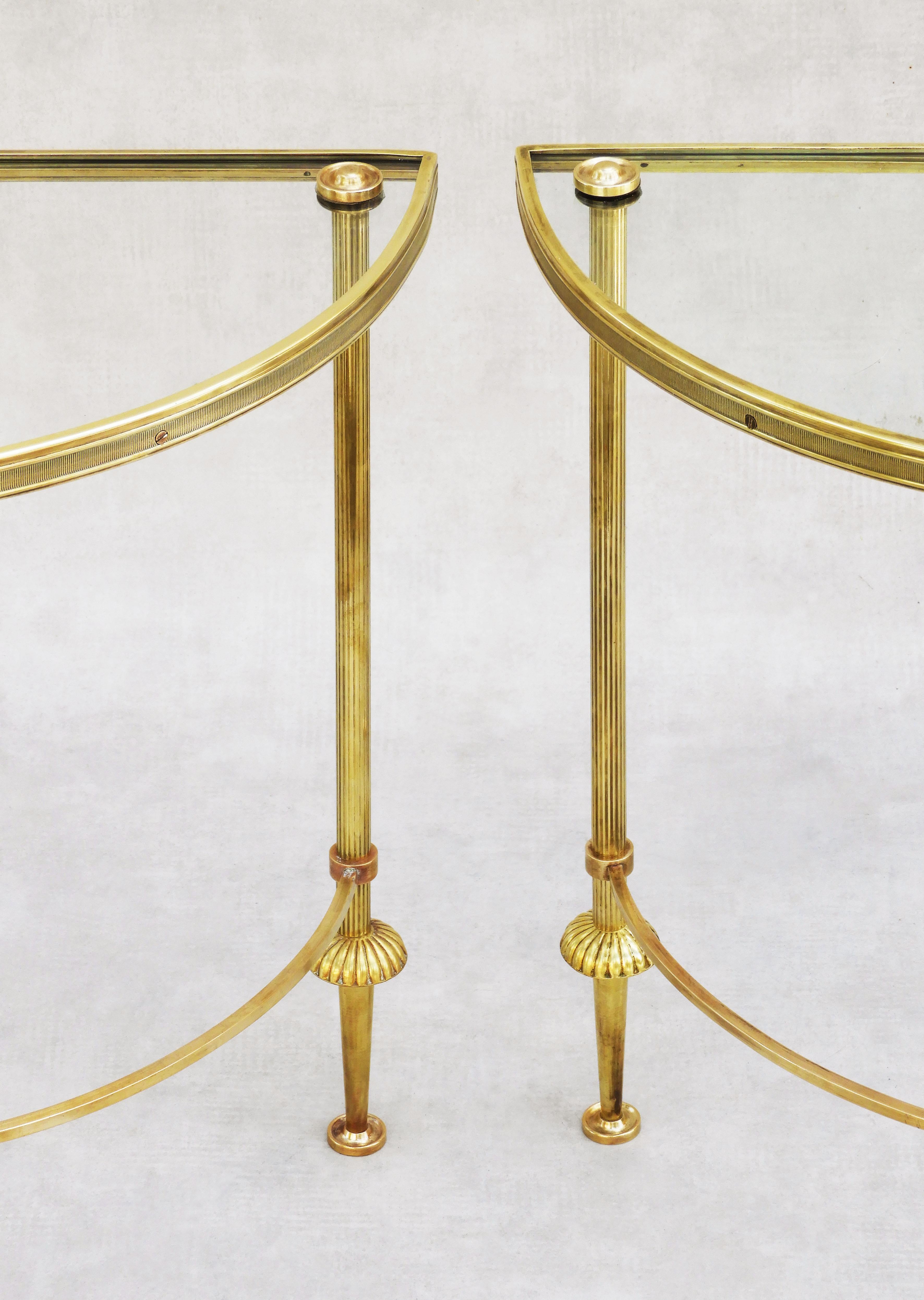 Pair Mid-Century Neoclassical Brass & Glass Demi-Lune Side/EndTables/Nightstands For Sale 2