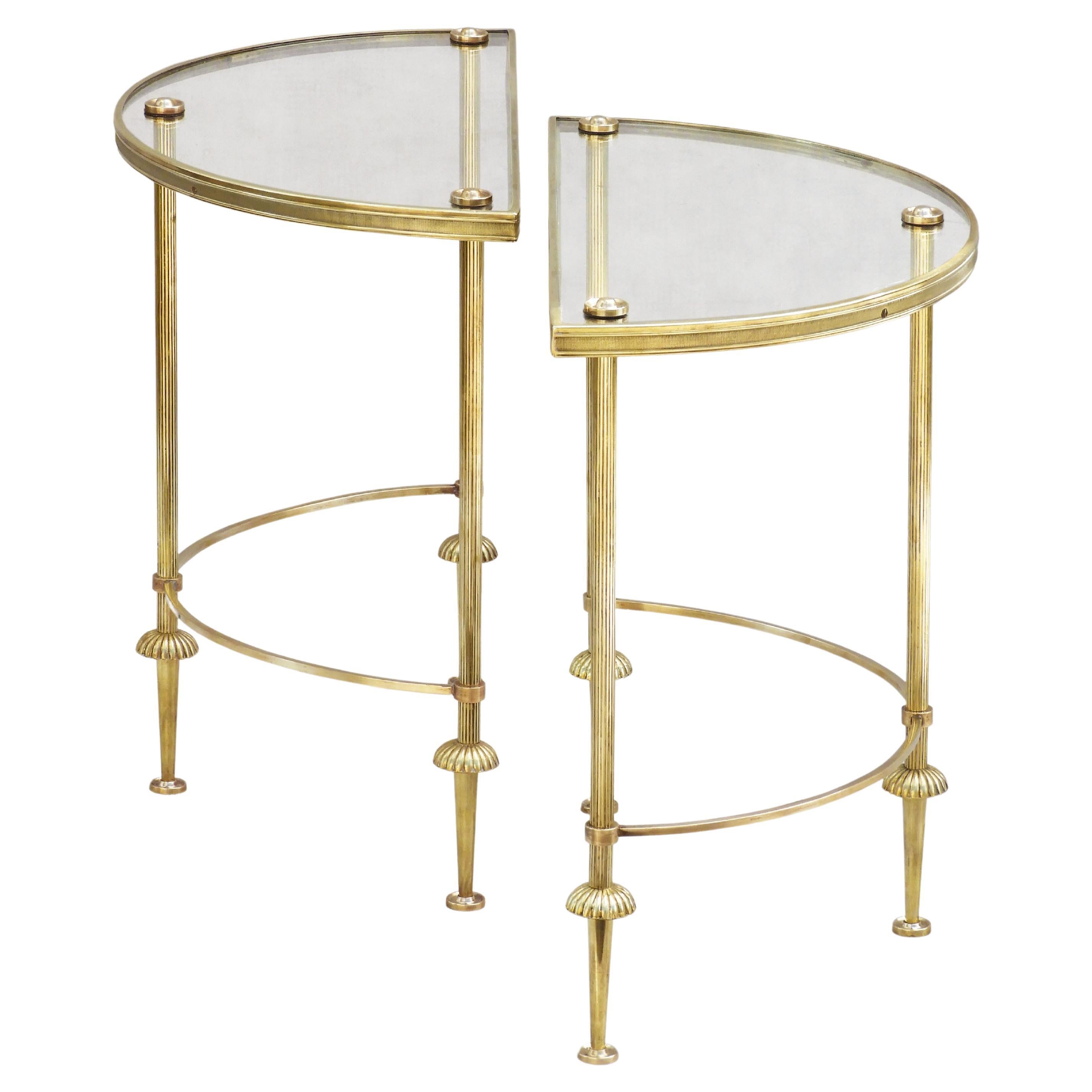 Pair Mid-Century Neoclassical Brass & Glass Demi-Lune Side/EndTables/Nightstands For Sale