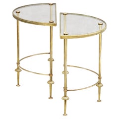 Vintage Pair Mid-Century Neoclassical Brass & Glass Demi-Lune Side/EndTables/Nightstands