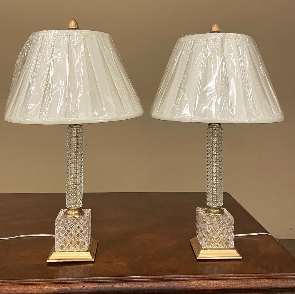 French Pair Mid-Century Neoclassical Cut Crystal & Brass Table Lamps For Sale
