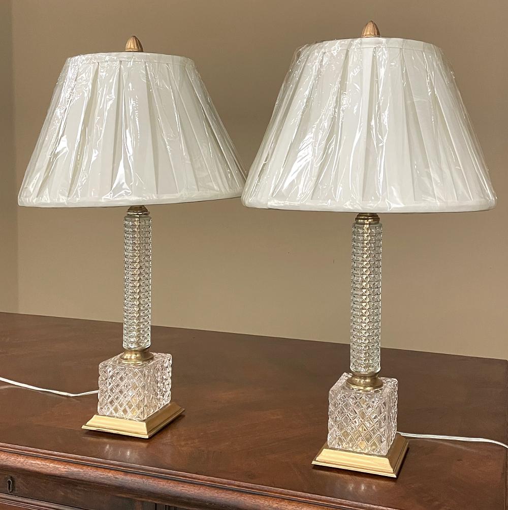 Hand-Crafted Pair Mid-Century Neoclassical Cut Crystal & Brass Table Lamps For Sale