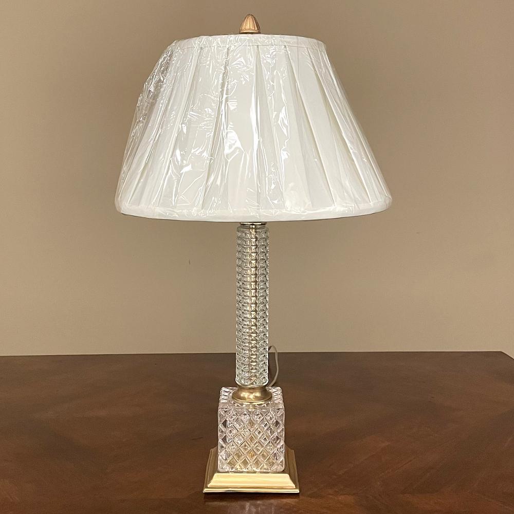 Pair Mid-Century Neoclassical Cut Crystal & Brass Table Lamps In Good Condition For Sale In Dallas, TX