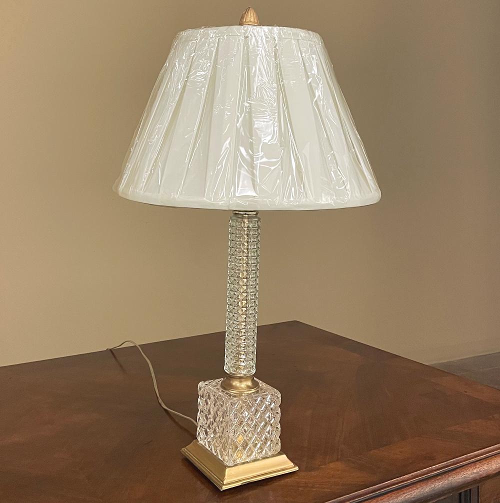 20th Century Pair Mid-Century Neoclassical Cut Crystal & Brass Table Lamps For Sale