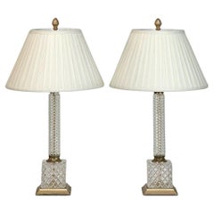 Vintage Pair Mid-Century Neoclassical Cut Crystal & Brass Table Lamps