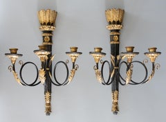 Pair Mid-Century Neoclassical Italian Black & Gold Giltwood Arrow Candle Sconces