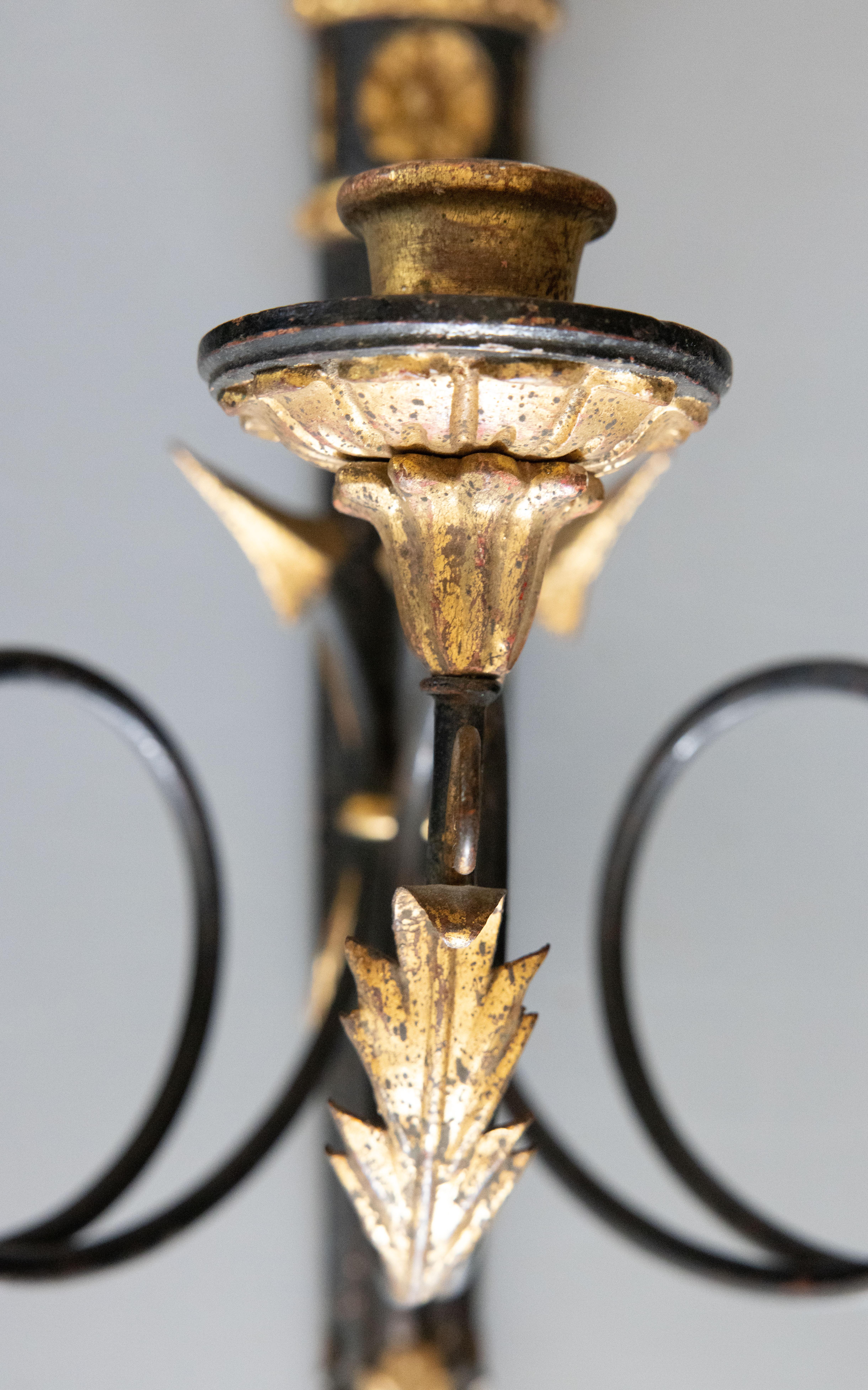 20th Century Pair Mid-Century Neoclassical Italian Black & Gold Giltwood Arrow Candle Sconces For Sale