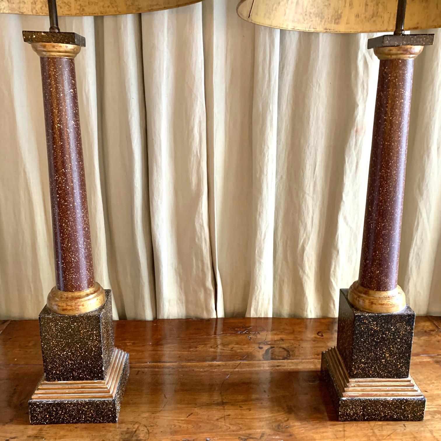 Midcentury Neoclassical Metal and Faux Phorphyry Table Lamps Jansen Style, Pair For Sale 4
