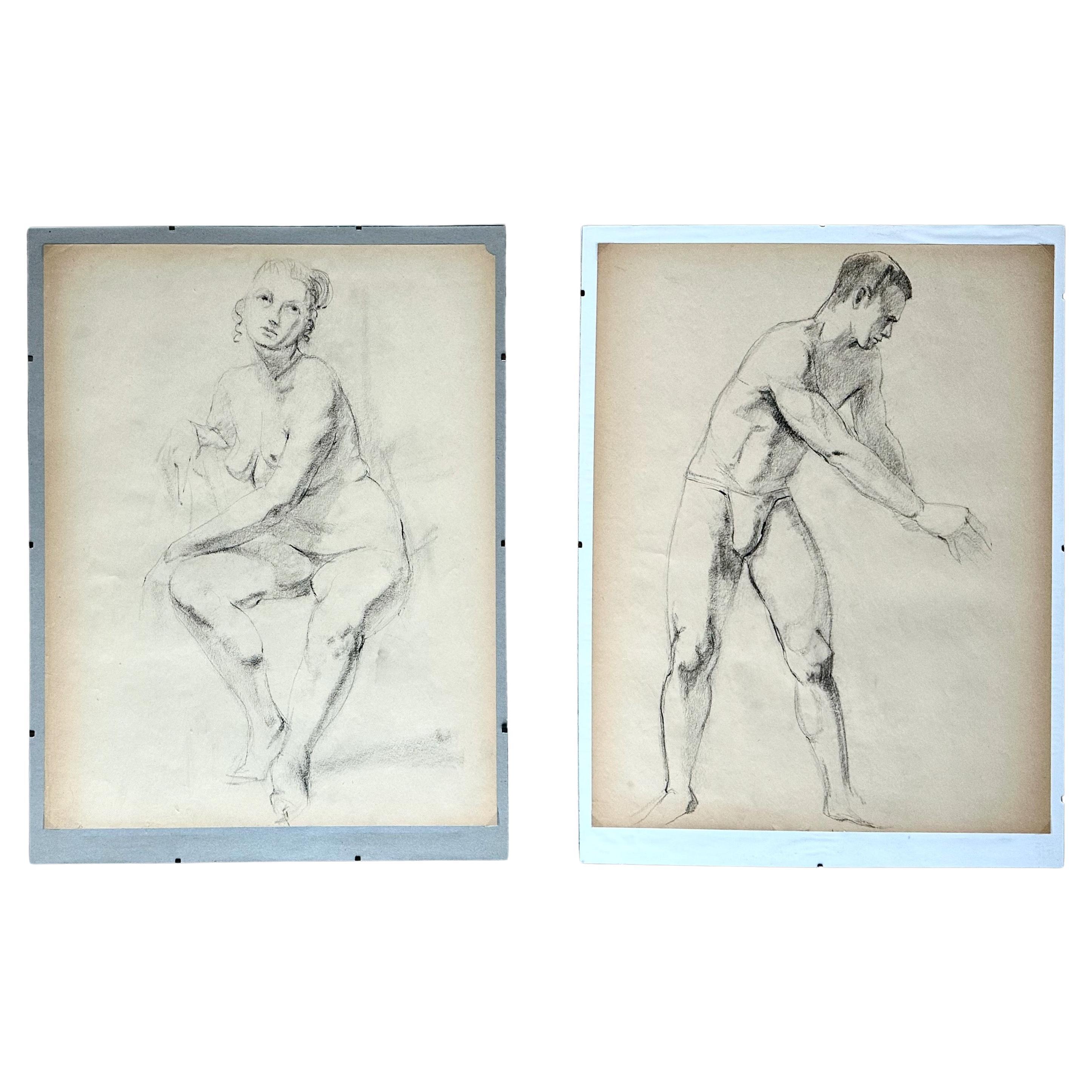 Pair of Mid-Century Nude Charcoal Drawings, Framed, 1950s, USA For Sale