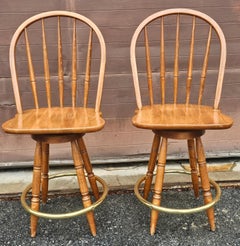 Pair Mid Century Oak and Brass Foot Ring Counter Stools.