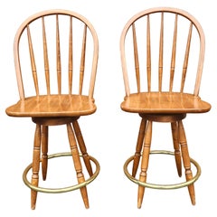 Pair Mid Century Oak and Brass Foot Ring Counter Stools.