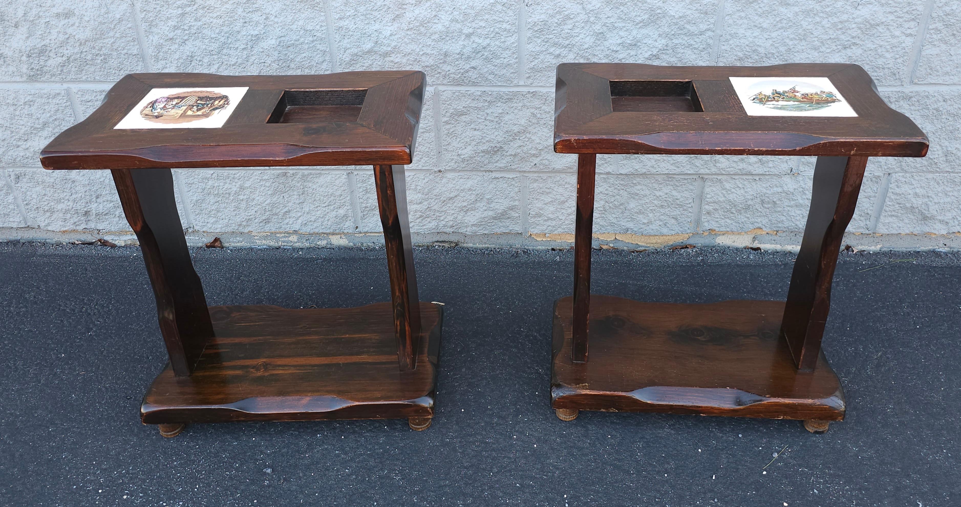 Mid-Century Modern Pair Mid-Century Old Tavern Style Antiqued Pine Two-Tier  Side Tables For Sale