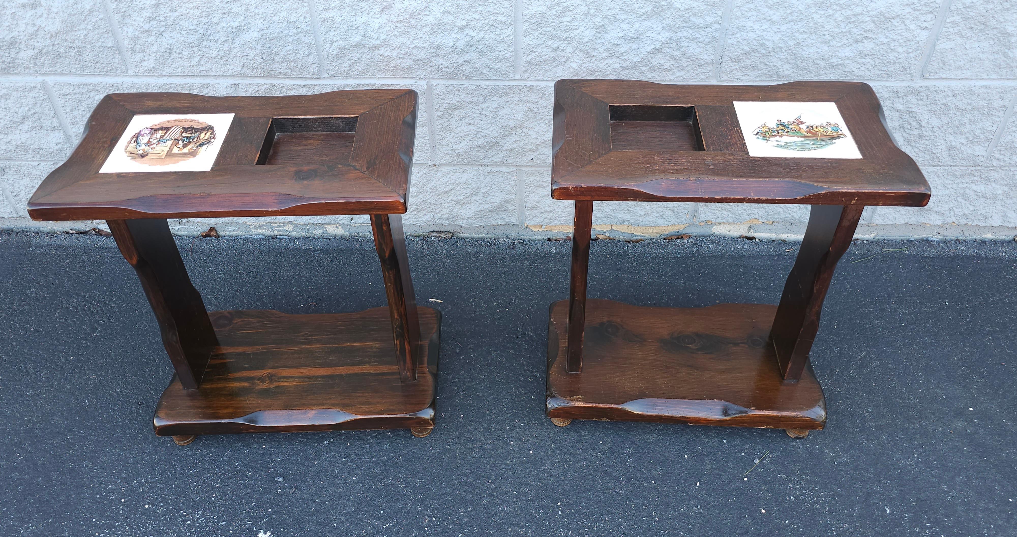 American Pair Mid-Century Old Tavern Style Antiqued Pine Two-Tier  Side Tables For Sale