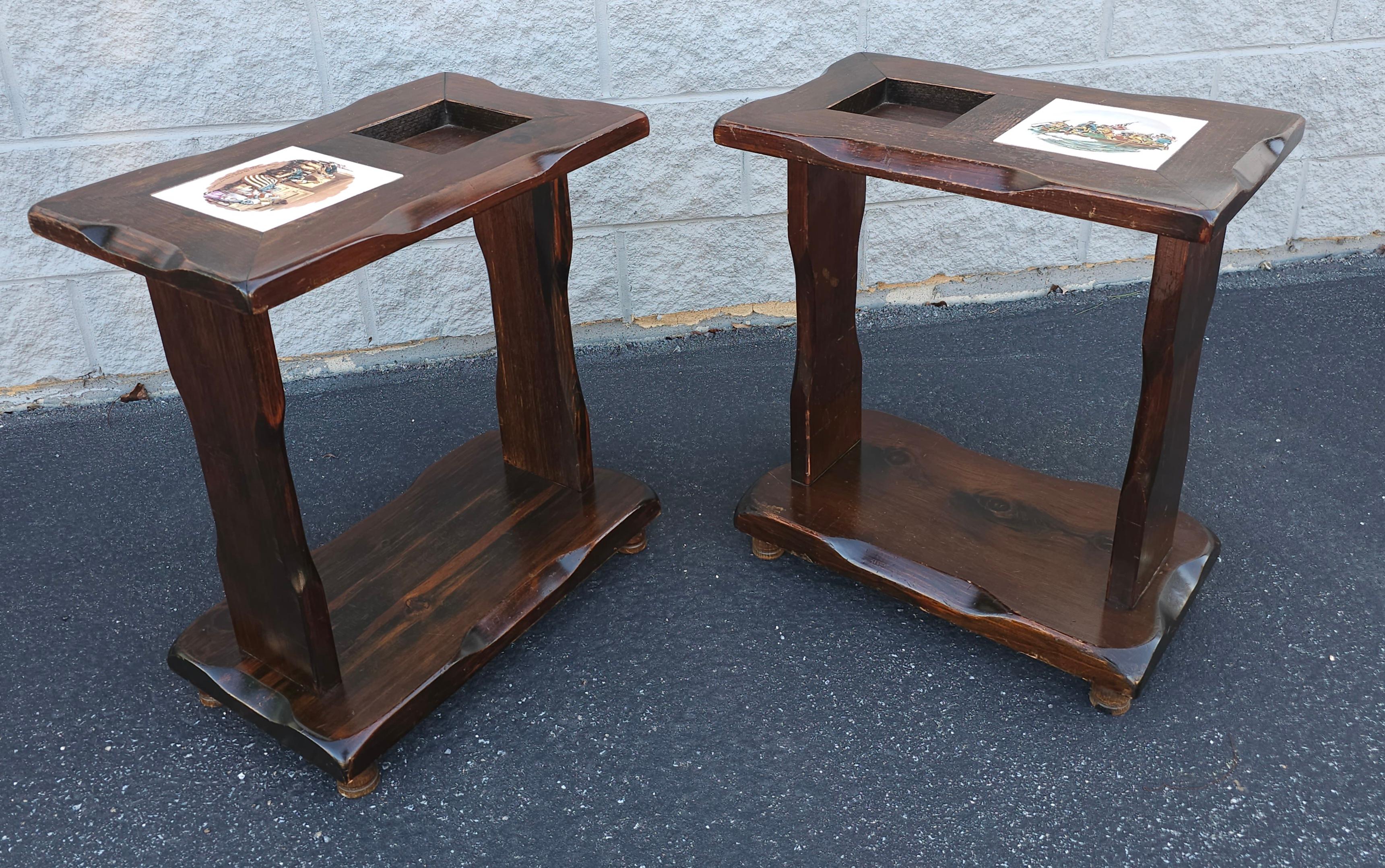 Stained Pair Mid-Century Old Tavern Style Antiqued Pine Two-Tier  Side Tables For Sale