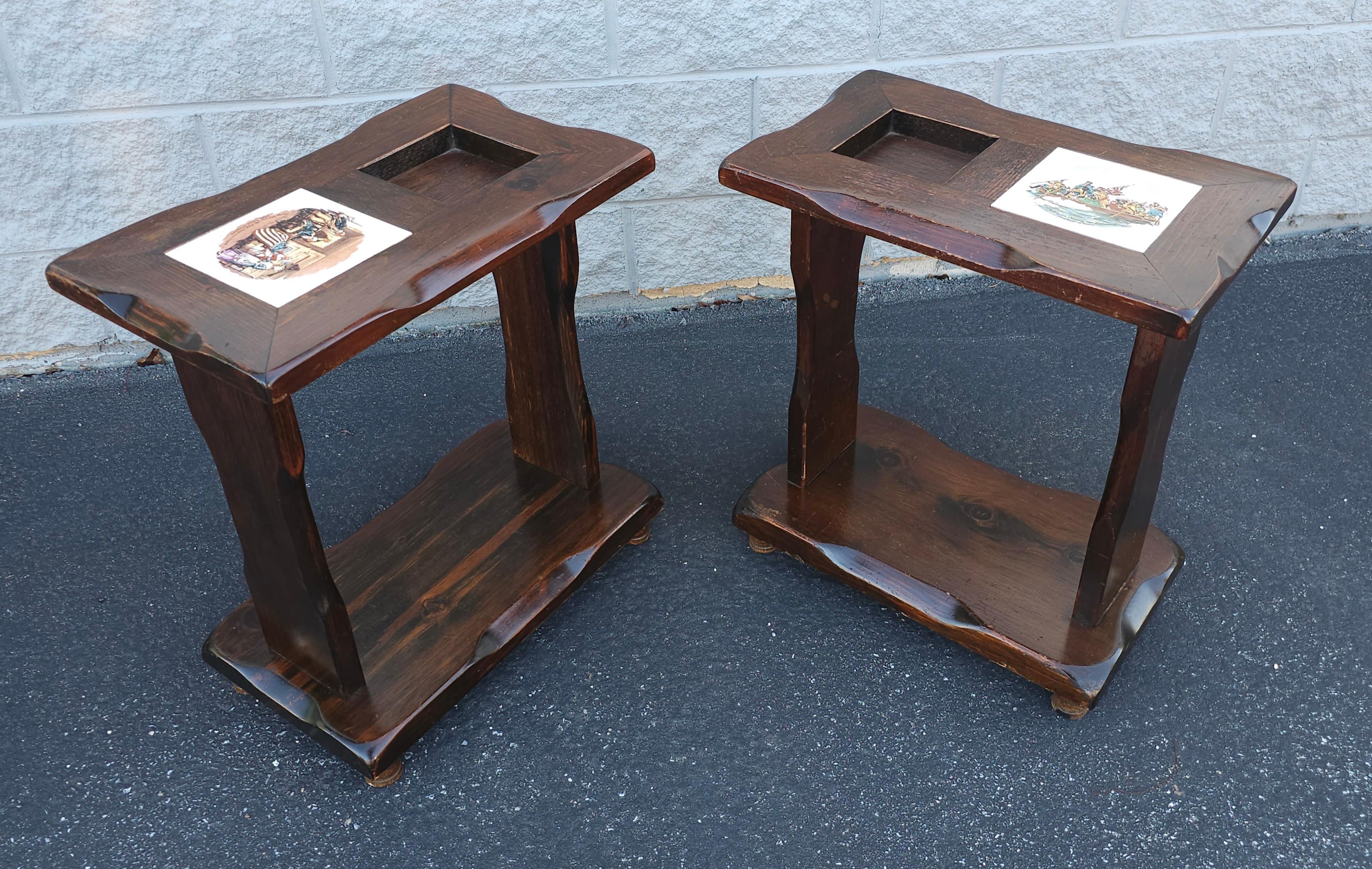 Pair Mid-Century Old Tavern Style Antiqued Pine Two-Tier  Side Tables In Good Condition For Sale In Germantown, MD