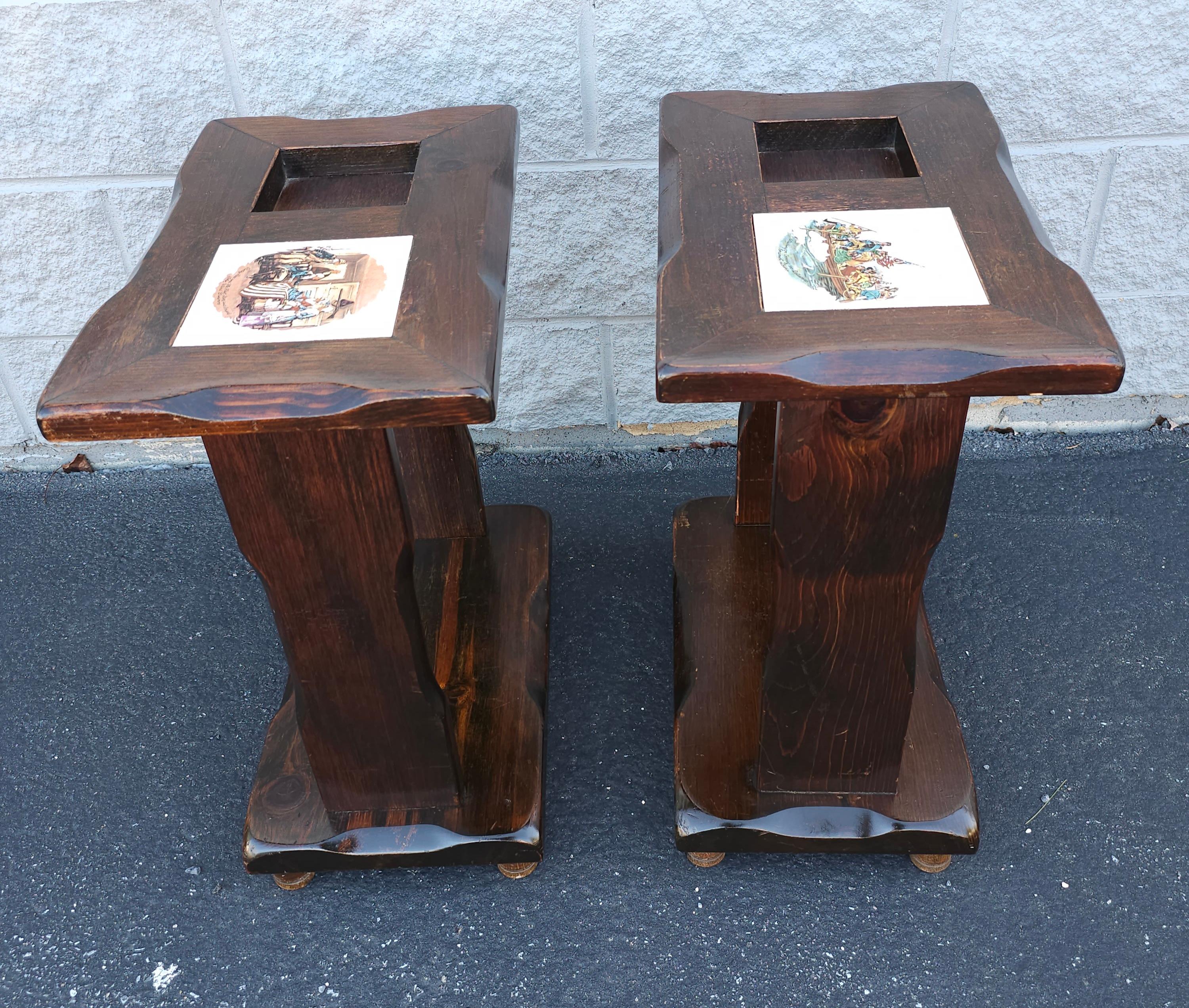 20th Century Pair Mid-Century Old Tavern Style Antiqued Pine Two-Tier  Side Tables For Sale