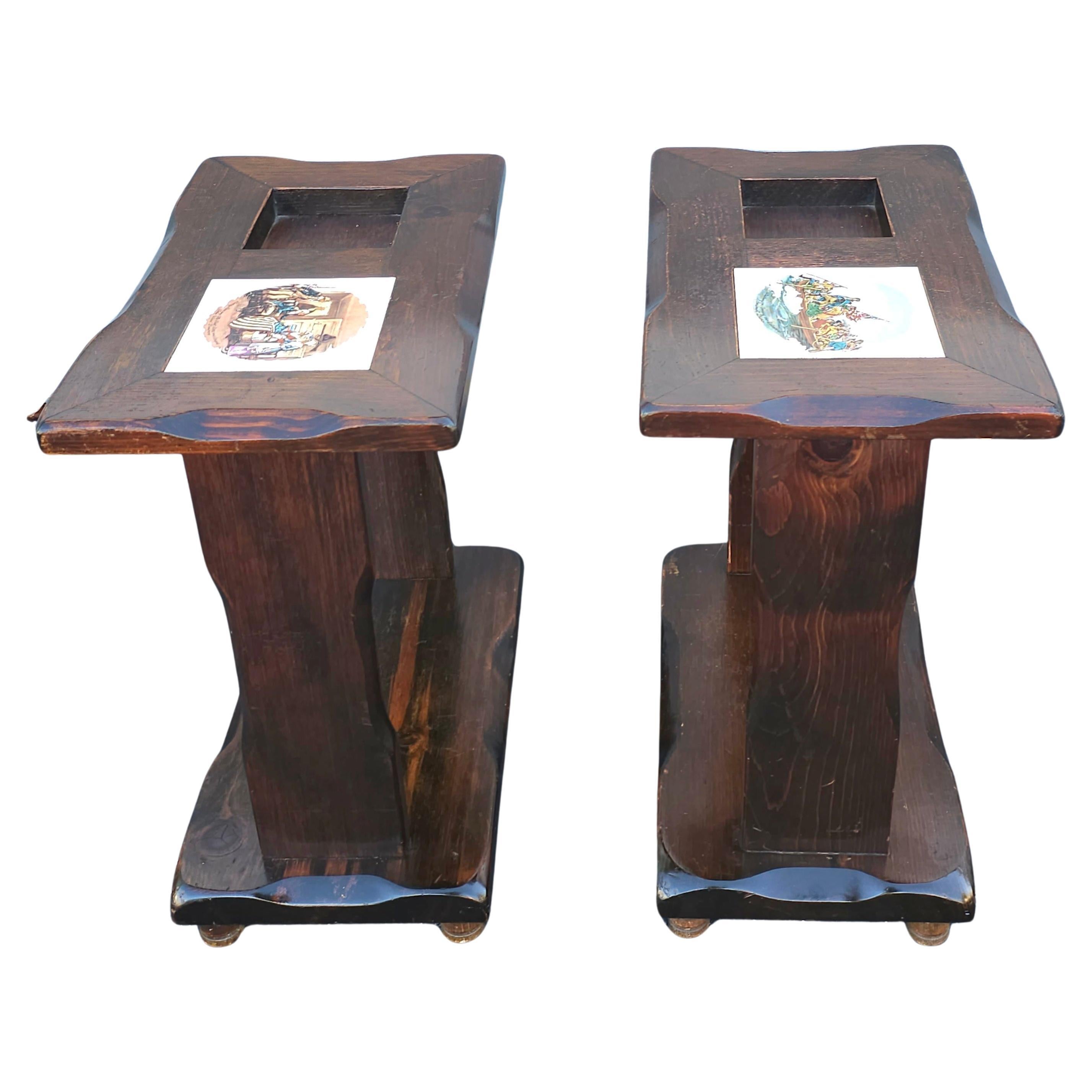 Pair Mid-Century Old Tavern Style Antiqued Pine Two-Tier  Side Tables