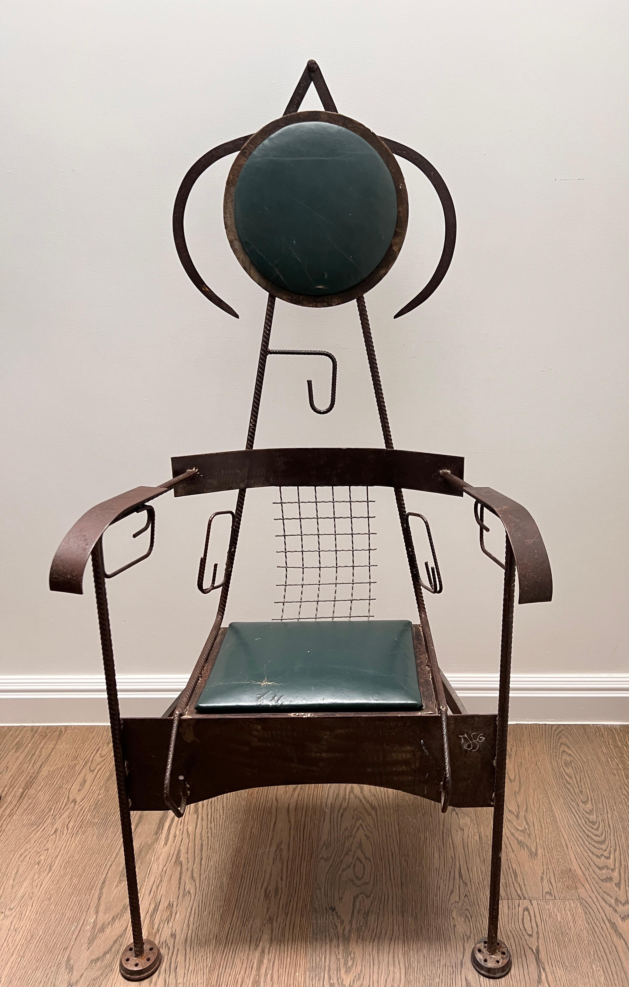 Metal Pair Mid-Century of Sculptural Chairs with Leather seat, One-of-a-Kind For Sale