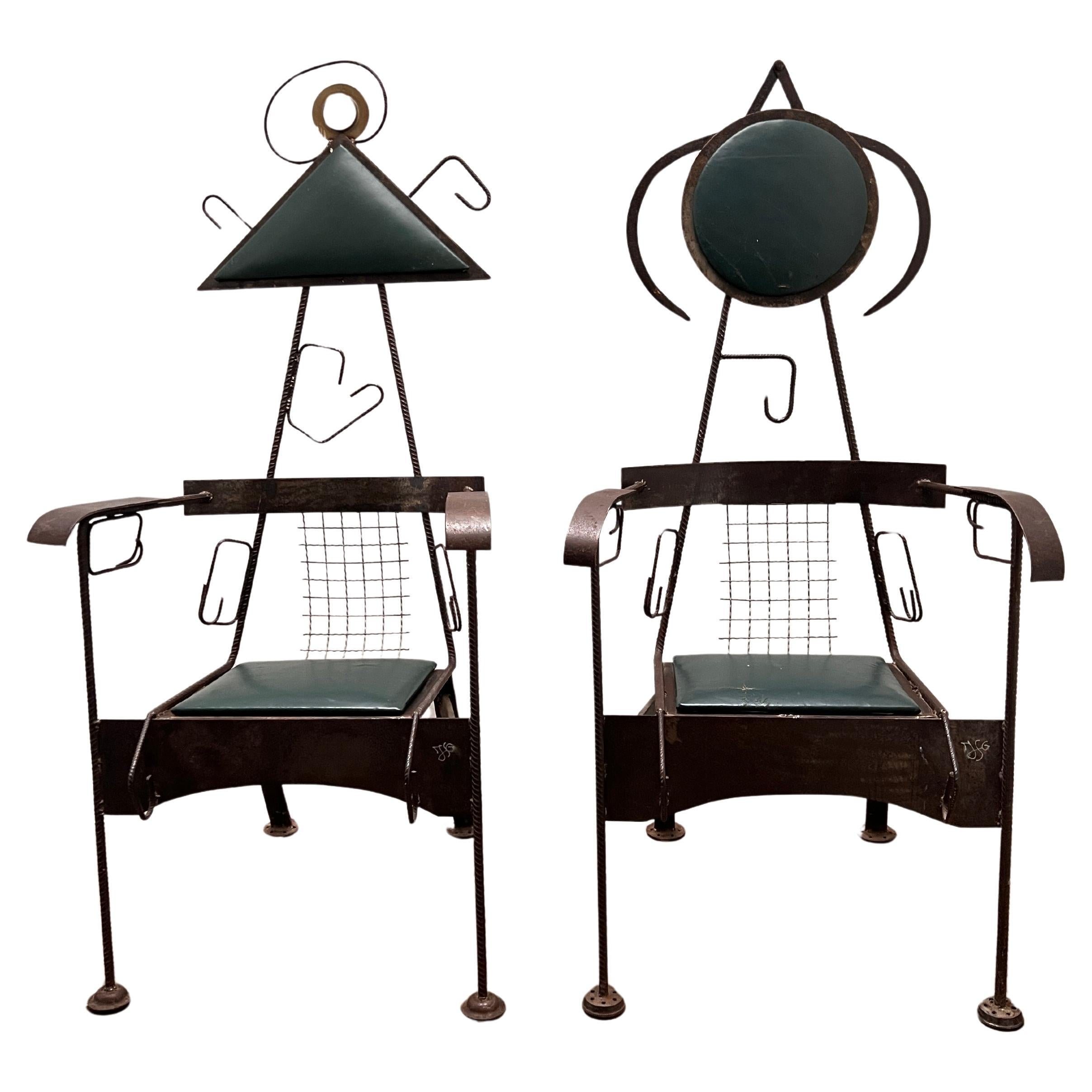 Pair Mid-Century of Sculptural Chairs with Leather seat, One-of-a-Kind For Sale