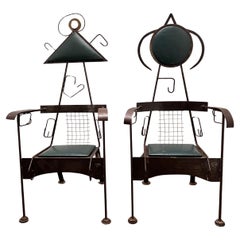 Pair Mid-Century of Sculptural Chairs with Leather seat, One-of-a-Kind