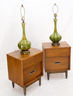 Pair Mid Century Onion Shape Glazed Green Yellow Blue Lava Pattern Table Lamps