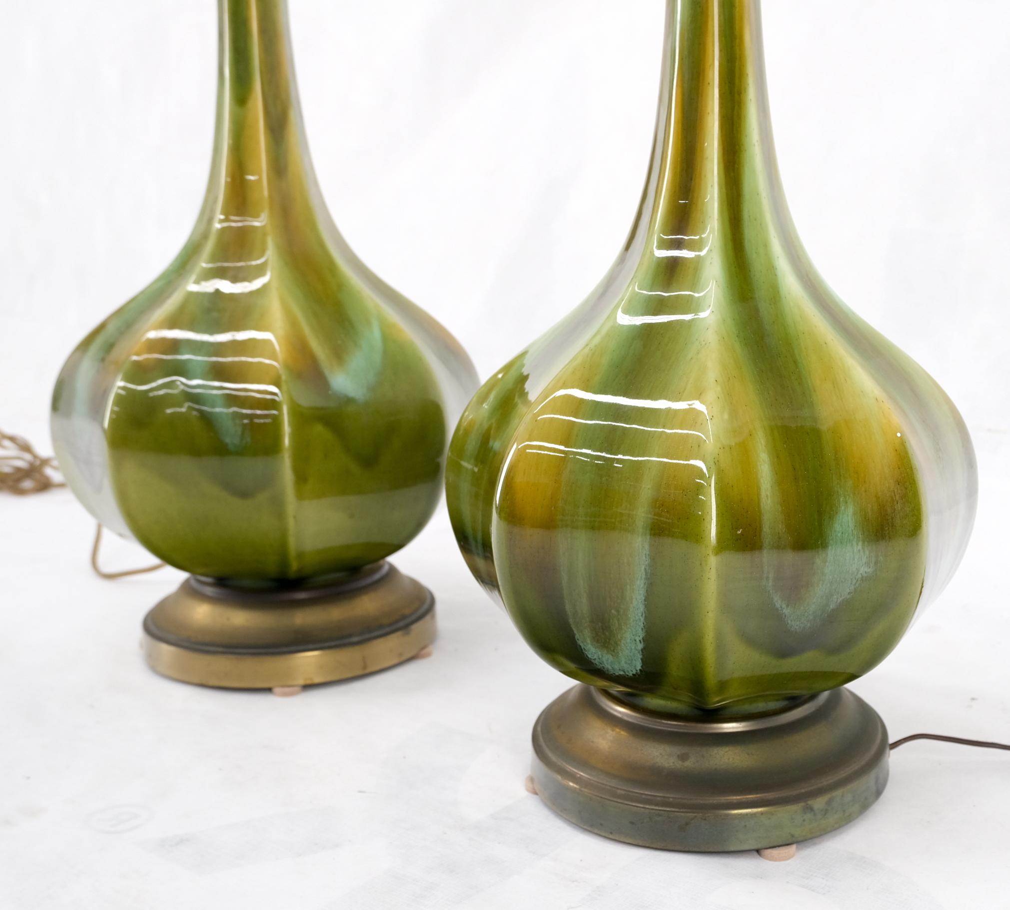 20th Century Pair Mid Century Onion Shape Glazed Green Yellow Blue Lava Pattern Table Lamps  For Sale
