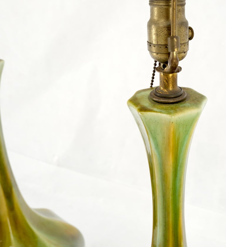 Pair Mid Century Onion Shape Glazed Green Yellow Blue Lava Pattern Table Lamps  For Sale 1