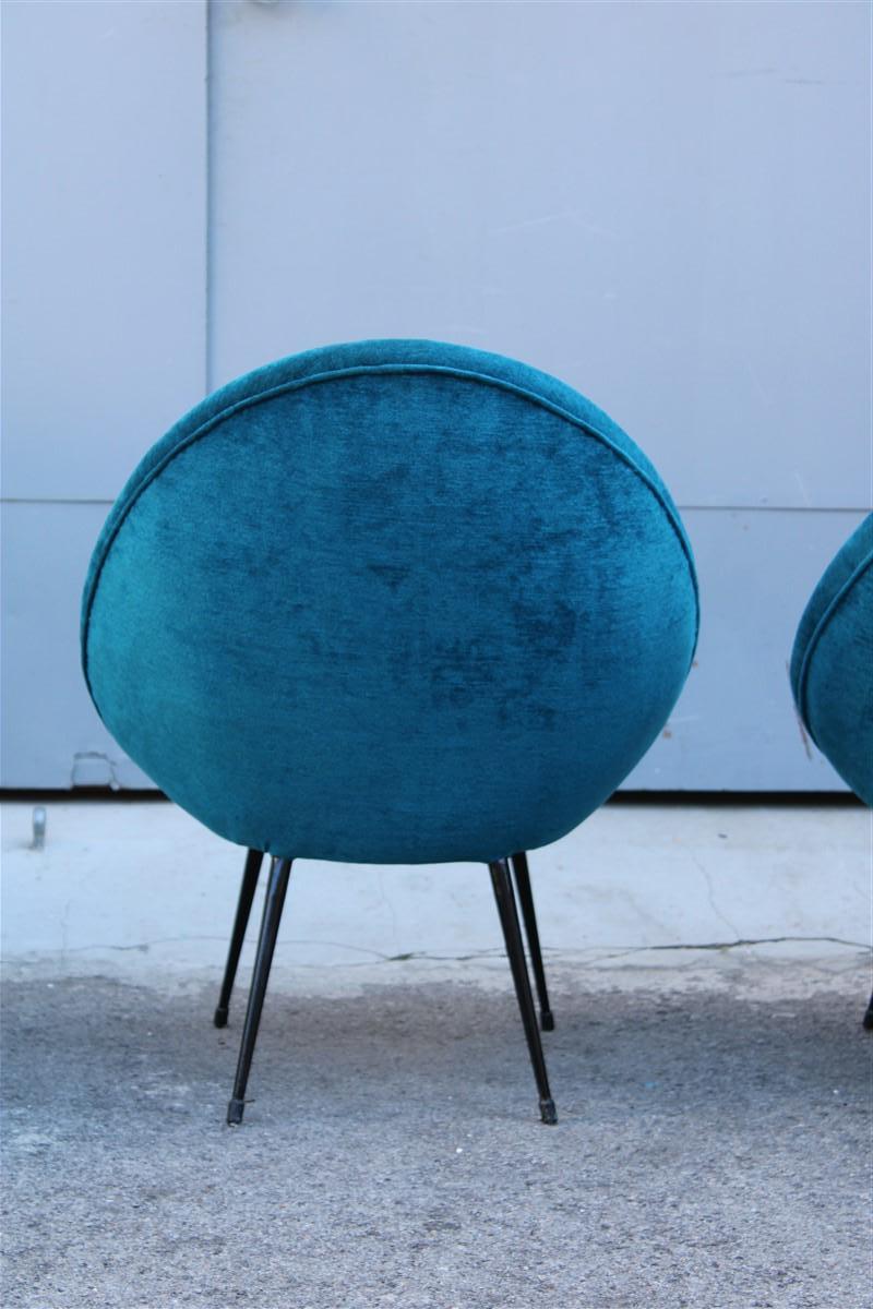 Pair Mid-Century Oval Egg Chairs Blu Velvet Ico Parisi Style Italian Design 1950 For Sale 2