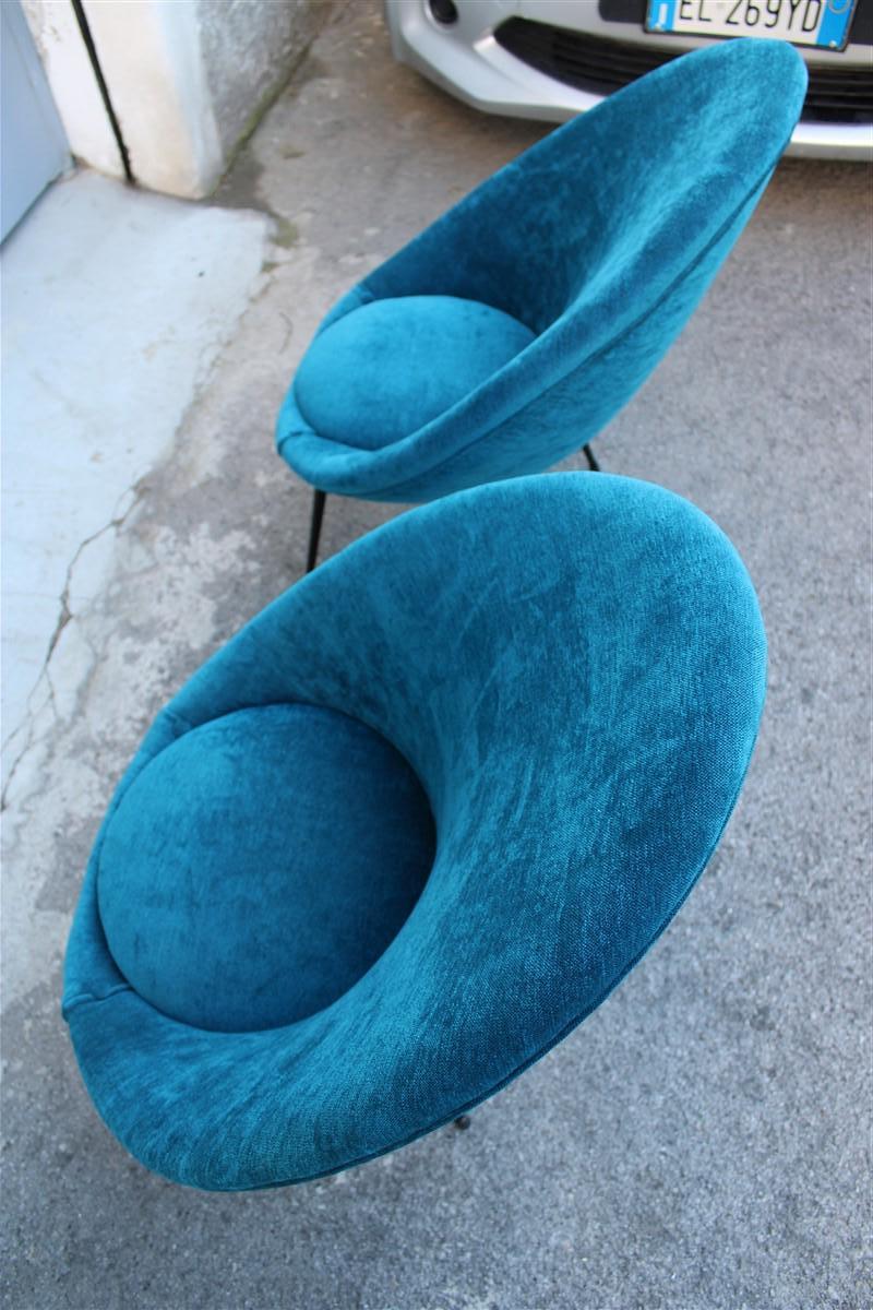 Pair Mid-Century Oval Egg Chairs Blu Velvet Ico Parisi Style Italian Design 1950 For Sale 6