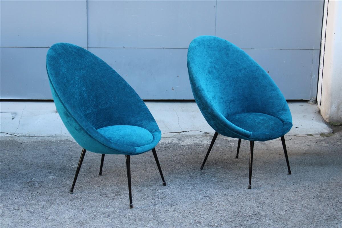 Pair Mid-Century Oval Egg Chairs Blu Velvet Ico Parisi Style Italian Design 1950 For Sale 8