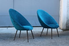 Pair Mid-Century Oval Egg Chairs Blu Velvet Ico Parisi Style Italian Design 1950