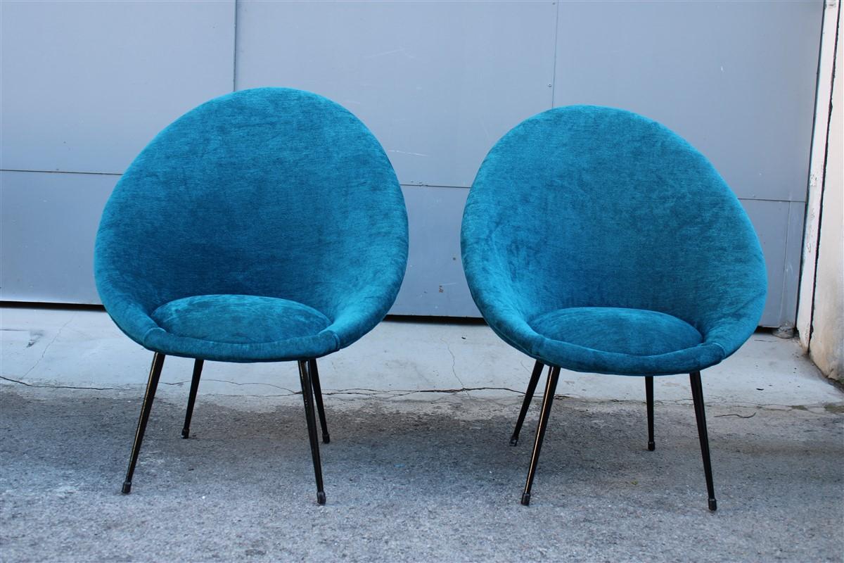 Mid-20th Century Pair Mid-Century Oval Egg Chairs Blu Velvet Ico Parisi Style Italian Design 1950 For Sale