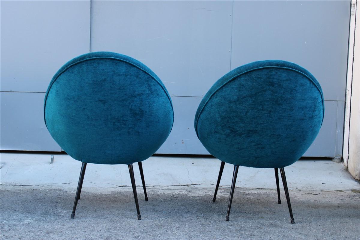 Pair Mid-Century Oval Egg Chairs Blu Velvet Ico Parisi Style Italian Design 1950 For Sale 1