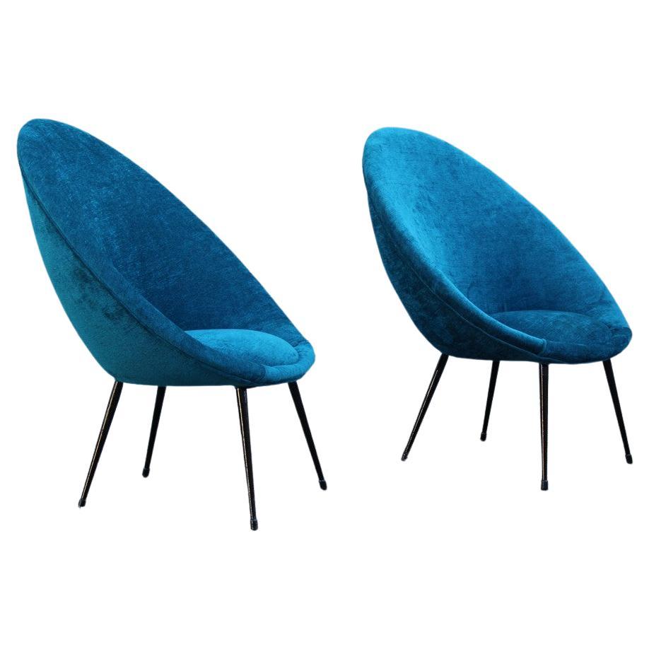 Pair Mid-Century Oval Egg Chairs Blu Velvet Ico Parisi Style Italian Design 1950 For Sale