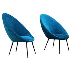 Pair Mid-Century Oval Egg Chairs Blu Velvet Ico Parisi Style Italian Design 1950