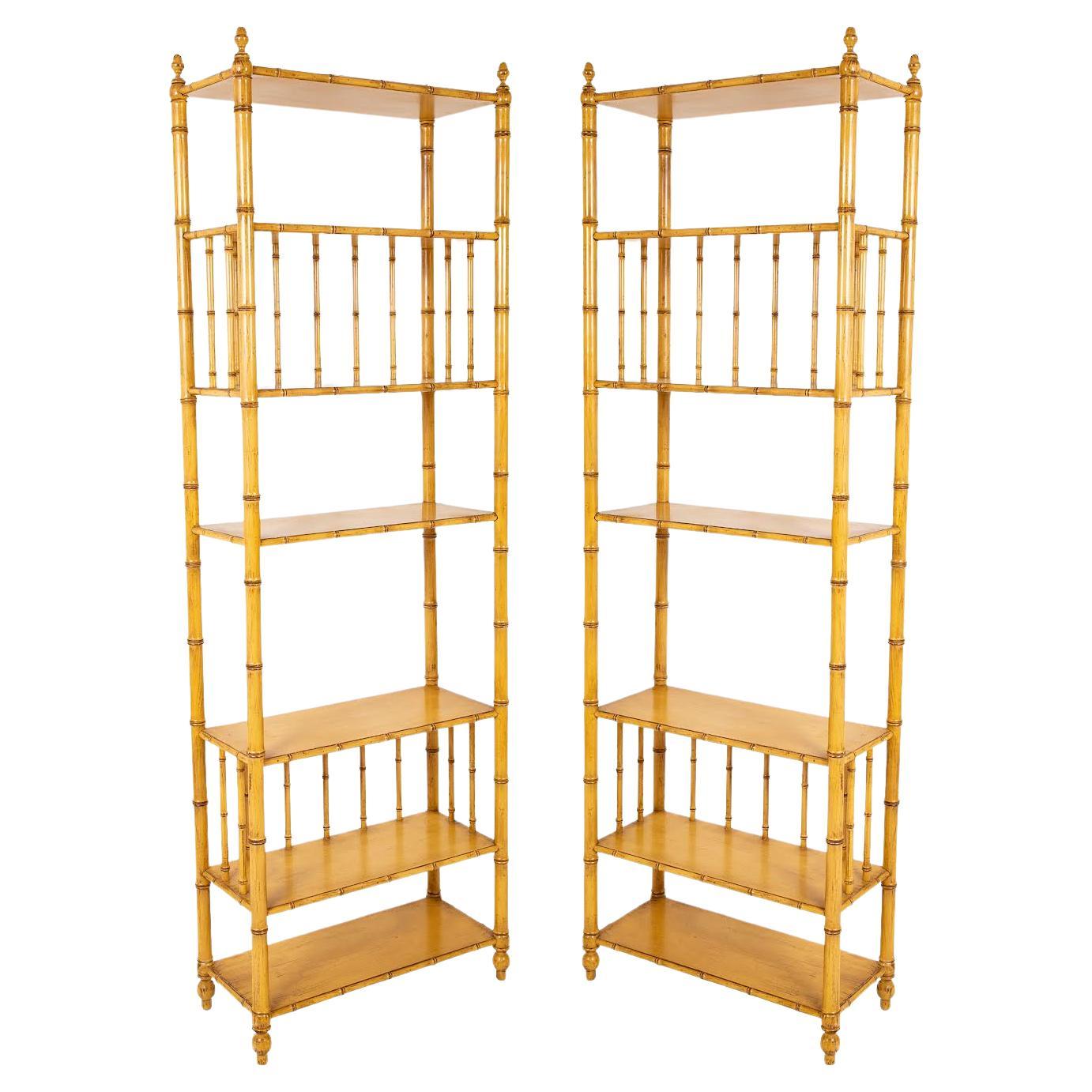 Pair Mid Century Faux Bamboo Etageres Shelves by John Widdicomb