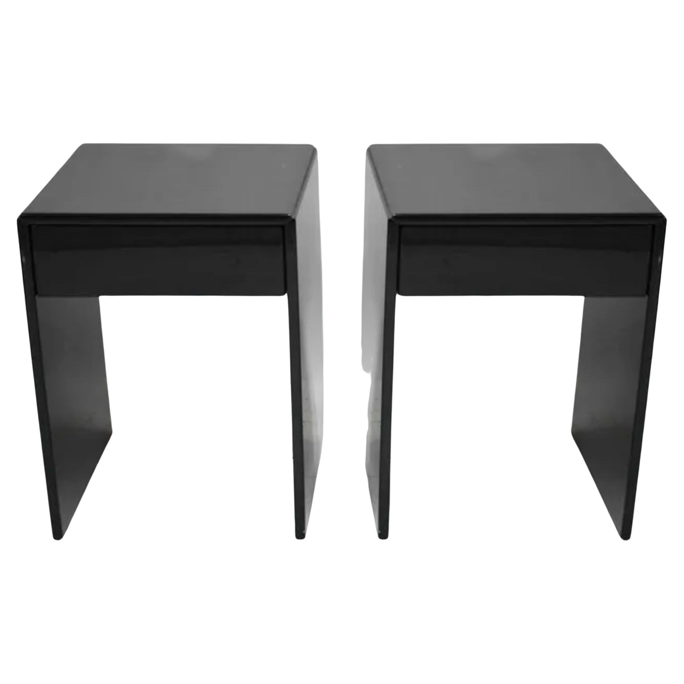 Pair of petite Minimalist midcentury Paul Mayen high gloss black nightstands with single drawer for Habitat. High Gloss finish in Black. Solid wood construction with drawer slides. Labeled underneath. Circa 1970. Show little signs of use. Located in