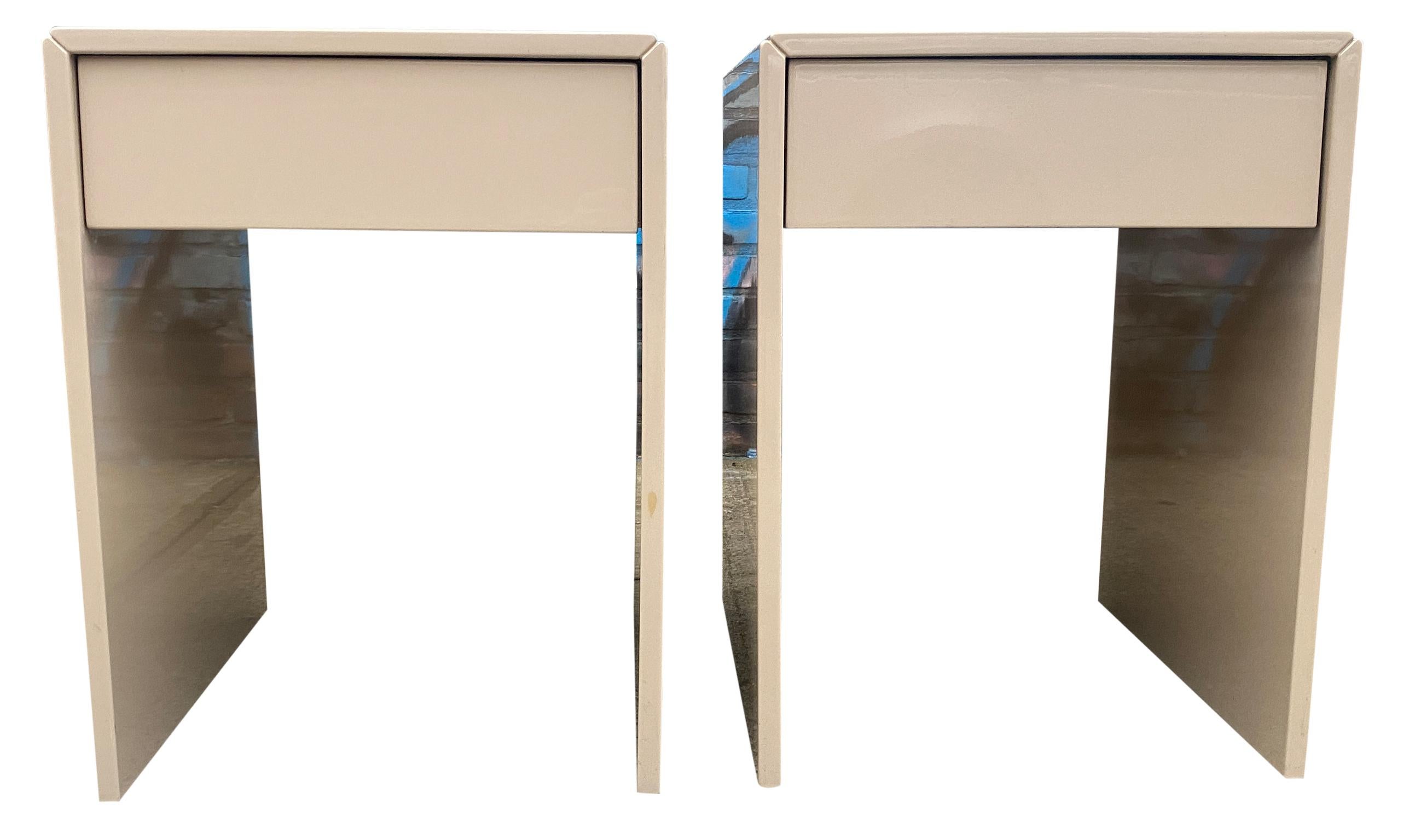 Pair of petite minimalist mid century Paul Mayen high gloss taupe nightstands with single drawer for habitat. High Gloss finish in Taupe. Solid wood construction with drawer slides. Labeled underneath. Circa 1970.