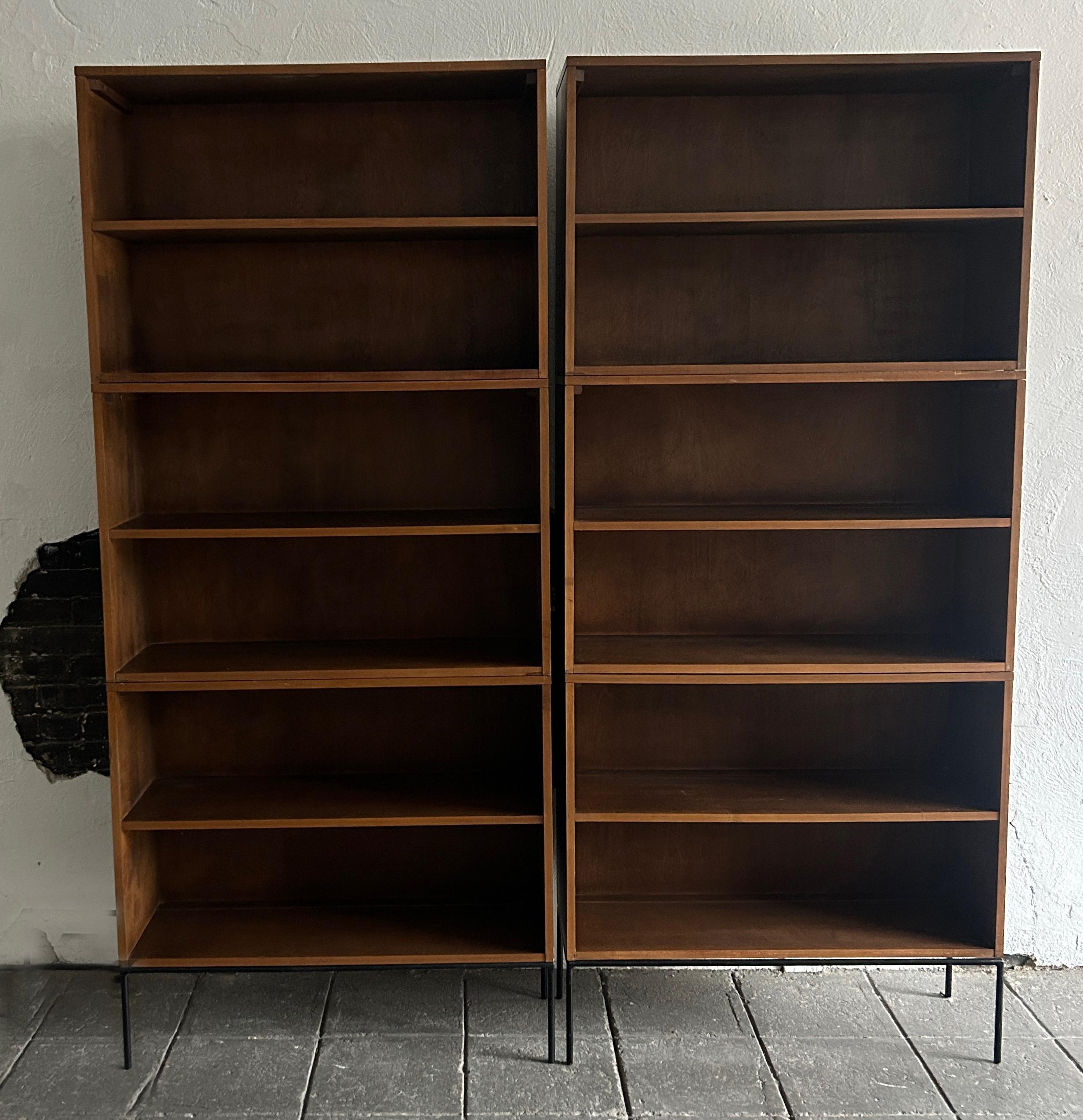 Woodwork Pair Mid century Paul McCobb Triple Bookshelves #1516 Walnut Finish Iron Base For Sale