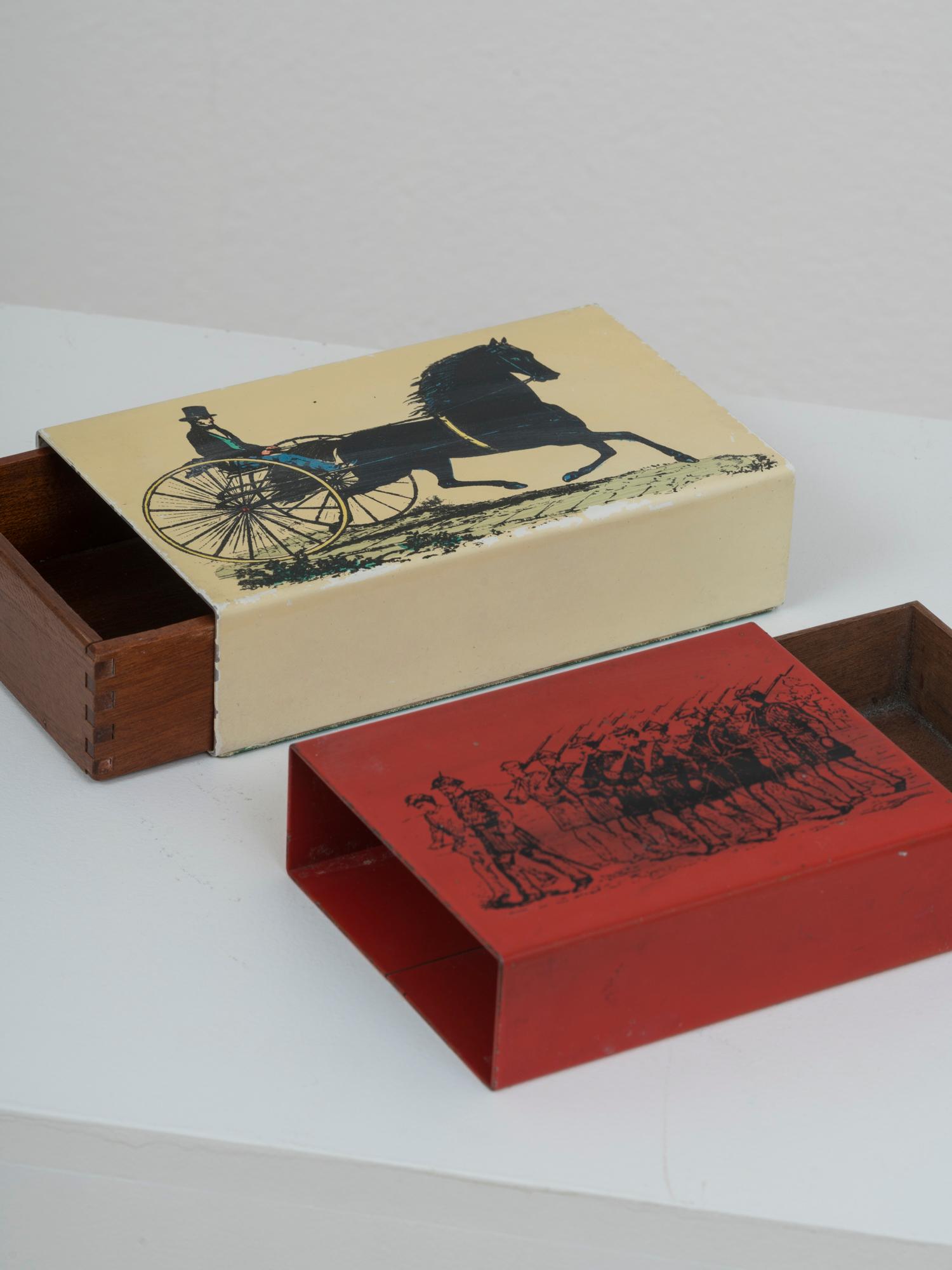 Italian Pair Mid-Century Piero Fornasetti Mahogany and Metal Boxes, 1960s For Sale