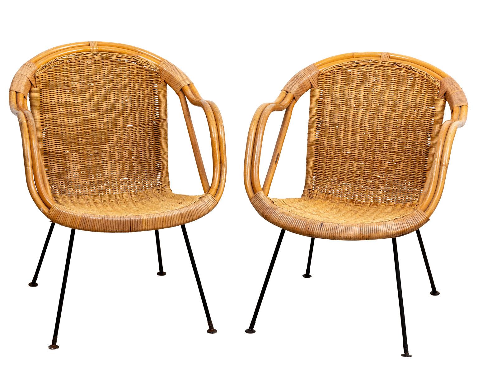 Pair Mid Century Rattan Armchairs For Sale at 1stDibs