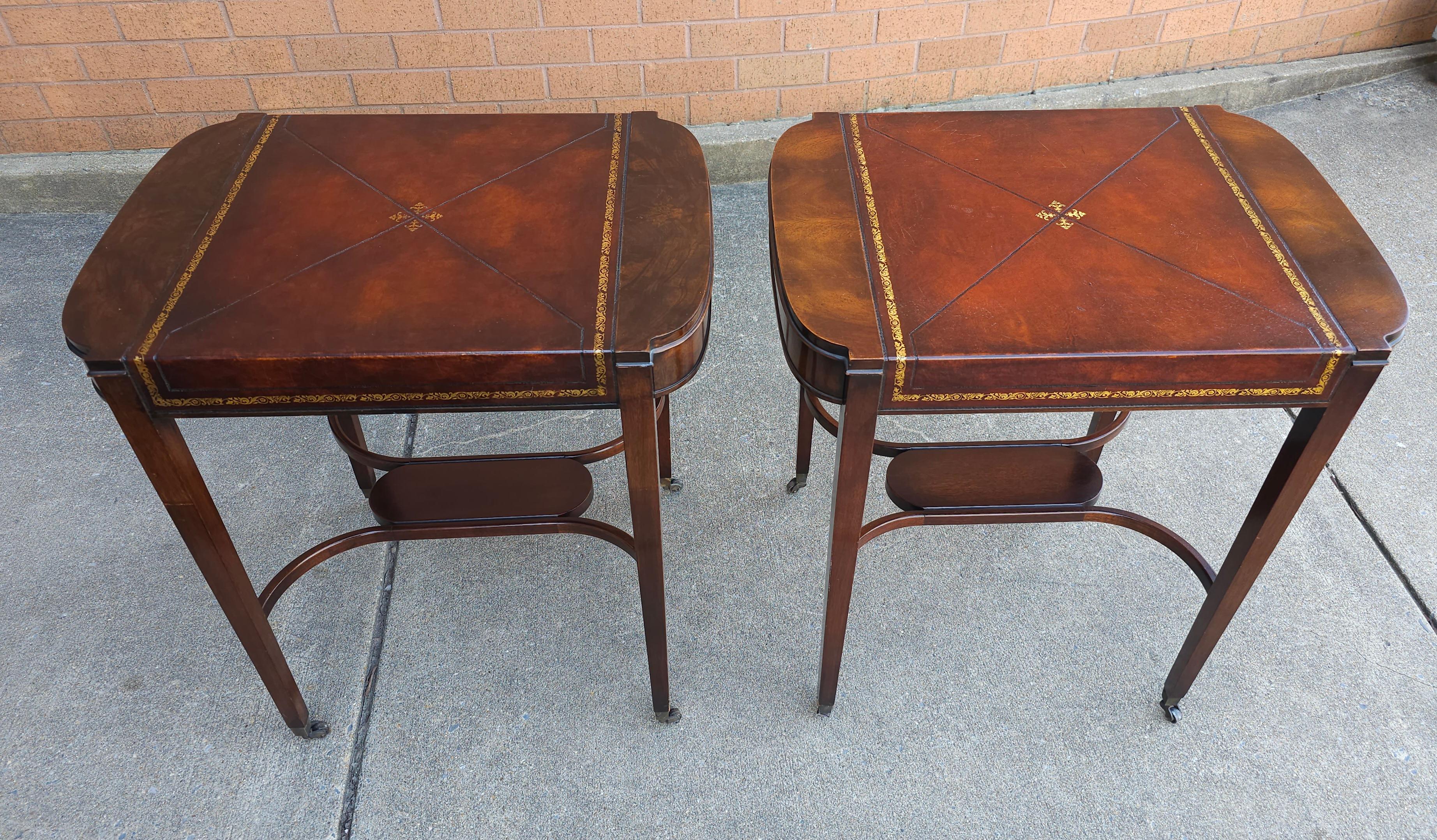 Pair Mid Century Regency Weiman Tooled Leather Top Mahogany Side Tables on Wheel For Sale 3