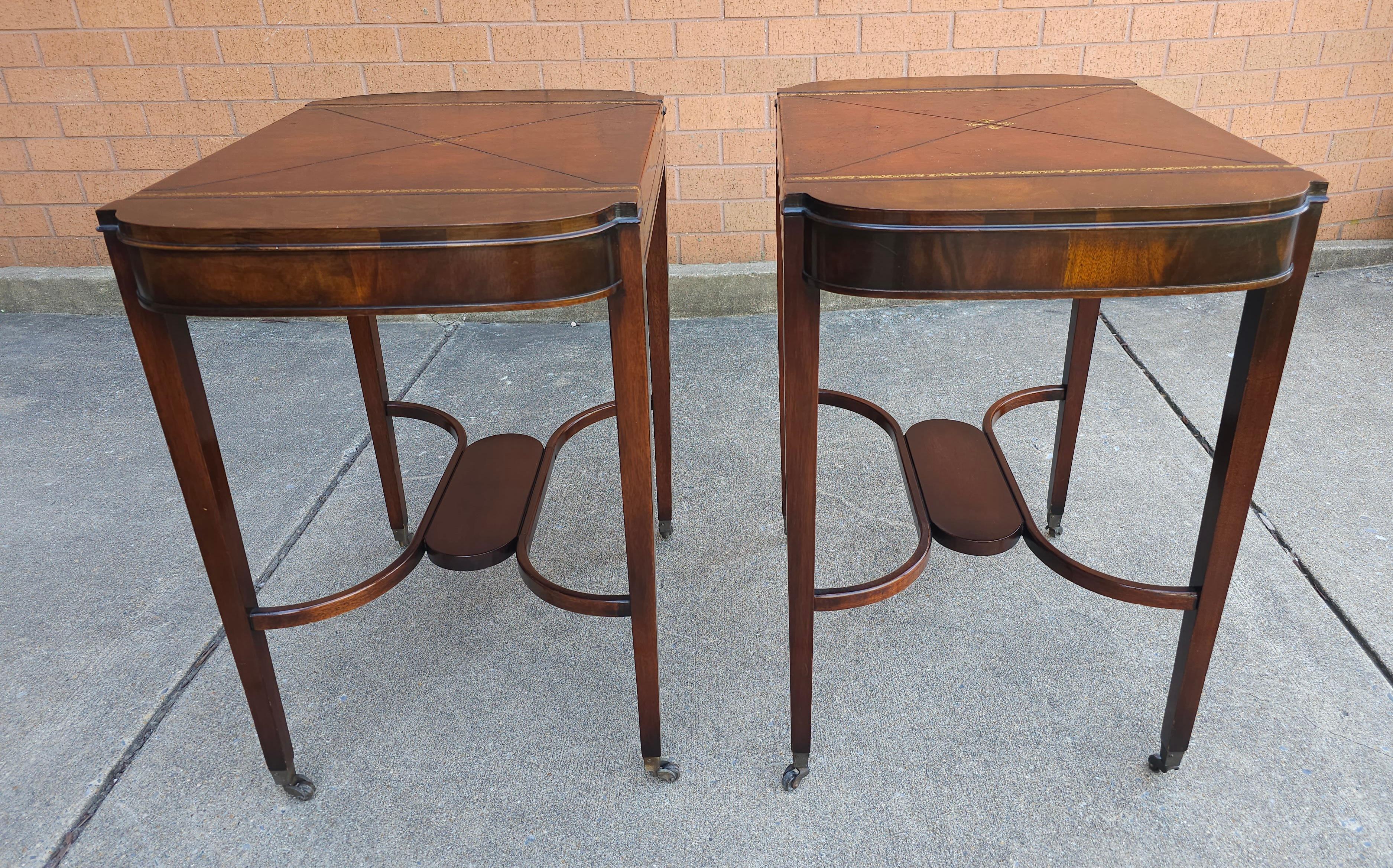 Pair Mid Century Regency Weiman Tooled Leather Top Mahogany Side Tables on Wheel For Sale 4