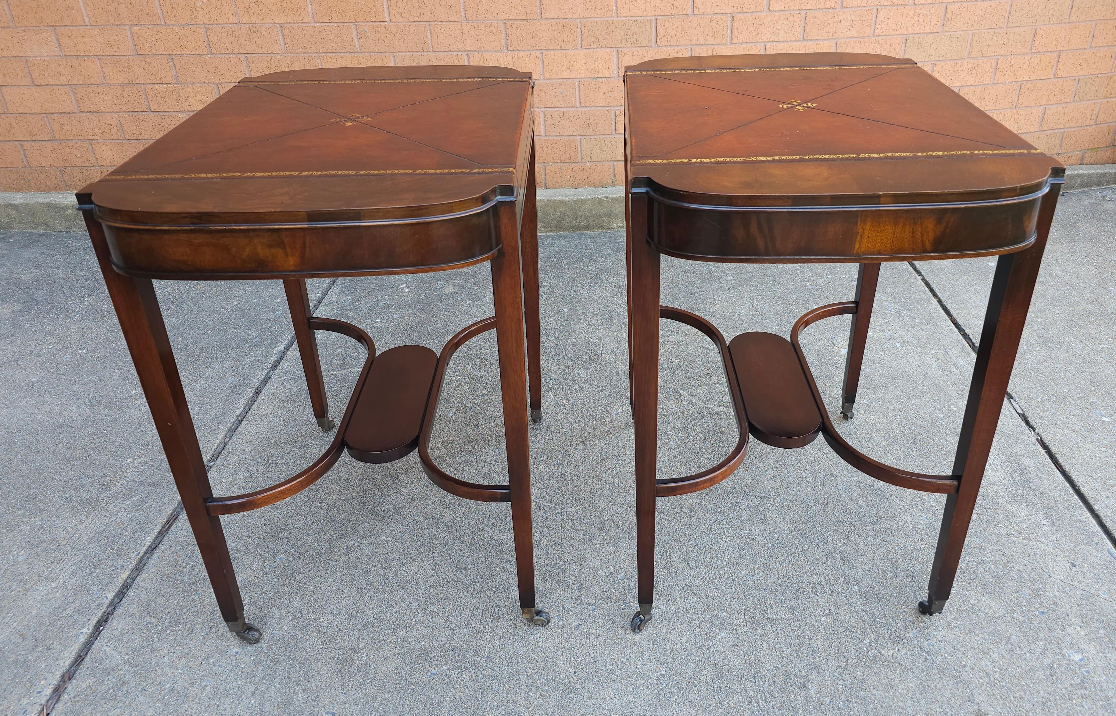 Pair Mid Century Regency Weiman Tooled Leather Top Mahogany Side Tables on Wheel For Sale 5
