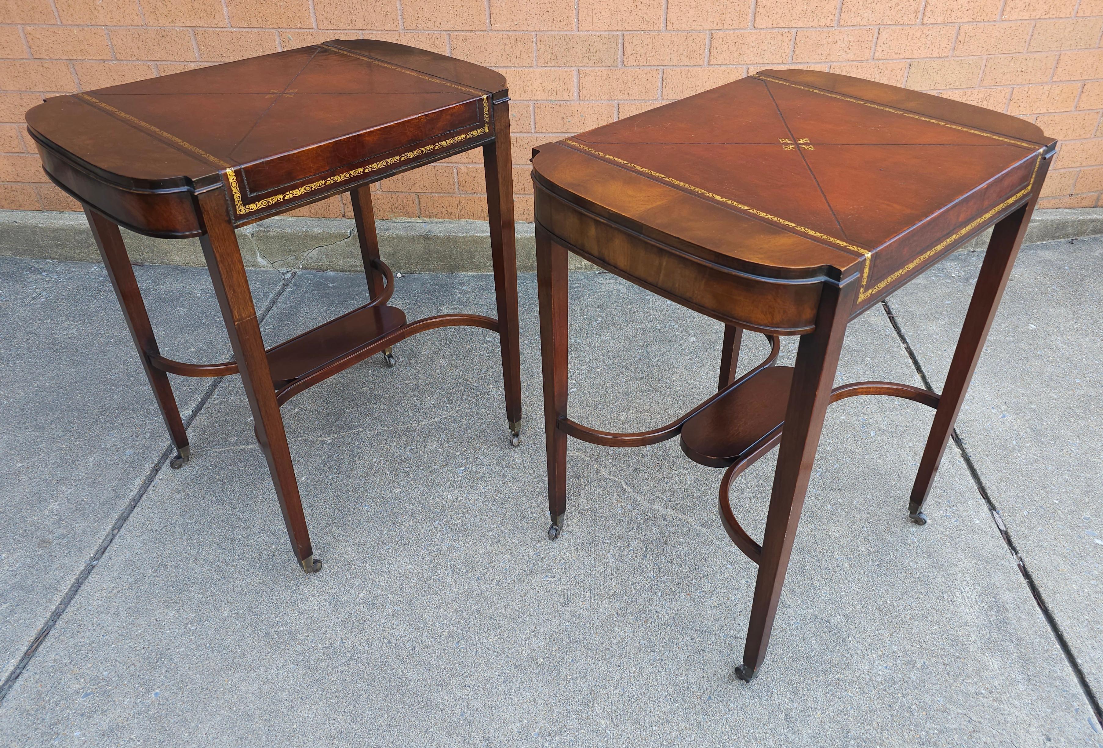 American Pair Mid Century Regency Weiman Tooled Leather Top Mahogany Side Tables on Wheel For Sale