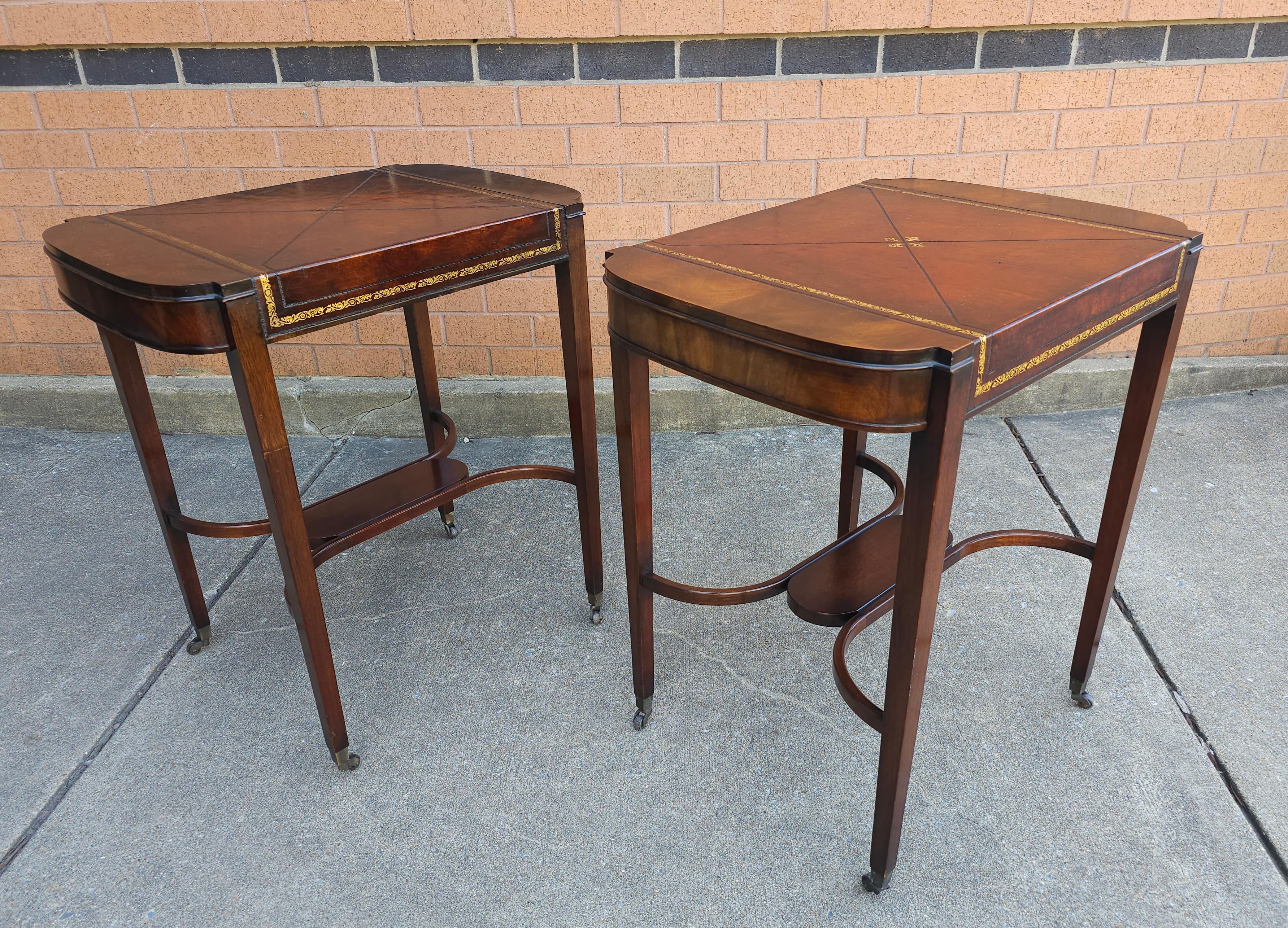 Other Pair Mid Century Regency Weiman Tooled Leather Top Mahogany Side Tables on Wheel For Sale