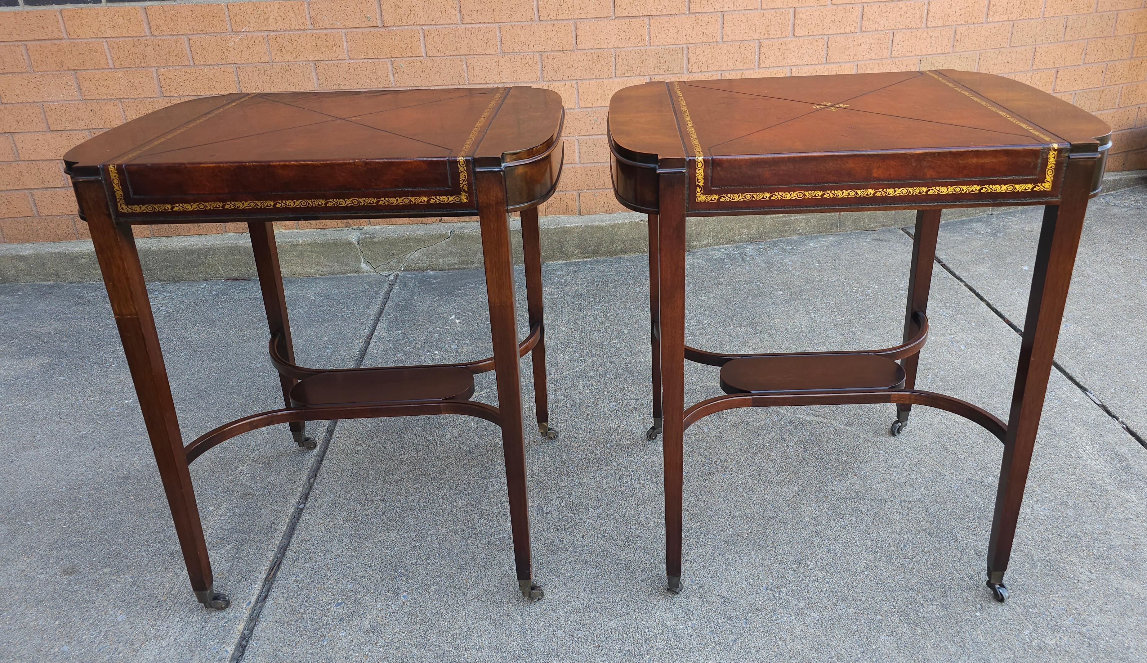 Pair Mid Century Regency Weiman Tooled Leather Top Mahogany Side Tables on Wheel For Sale 1