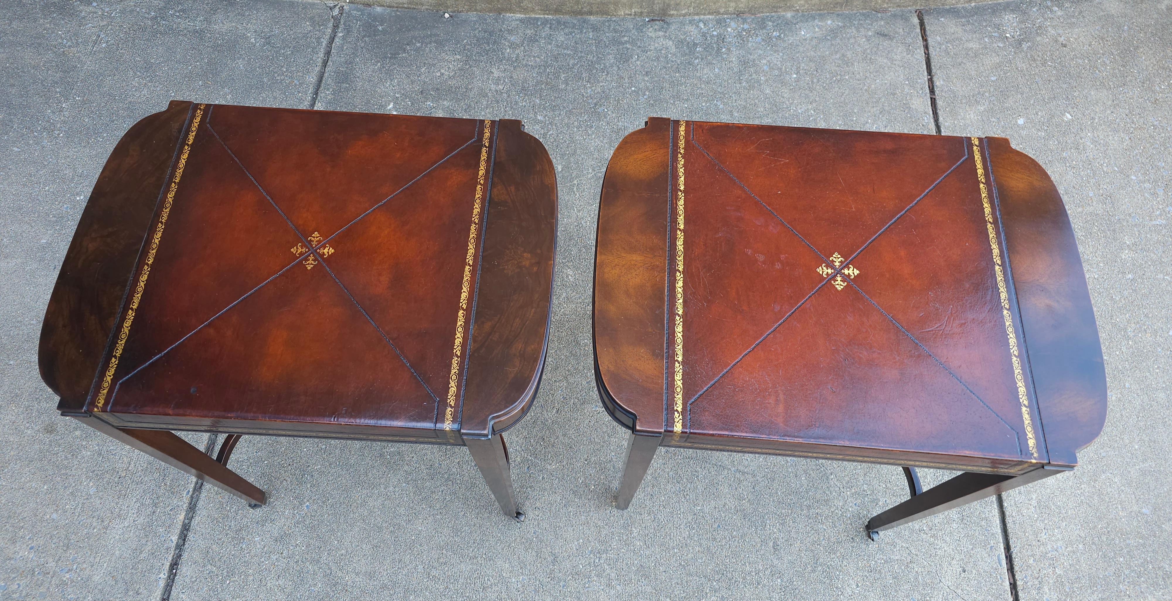 Pair Mid Century Regency Weiman Tooled Leather Top Mahogany Side Tables on Wheel For Sale 2