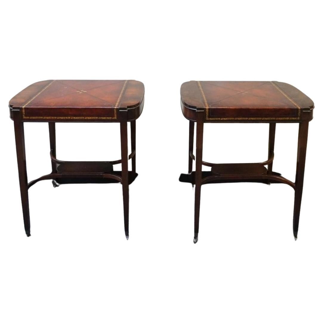 Hollywood Regency Pair Mid Century Regency Weiman Tooled Leather Top Mahogany Side Tables on Wheel For Sale