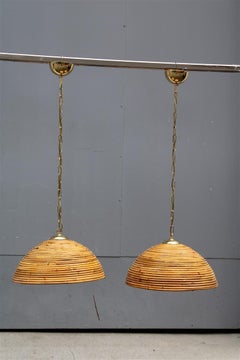 Pair Mid-century Round Chandelier Bamboo Italian Design Vivai del Sud 1950s